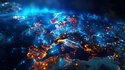 Naklejka premium dynamic digital world map emphasize Western Europe continental for AI powered global network connectivity big data transfer cyber technology network information exchange and telecommunication