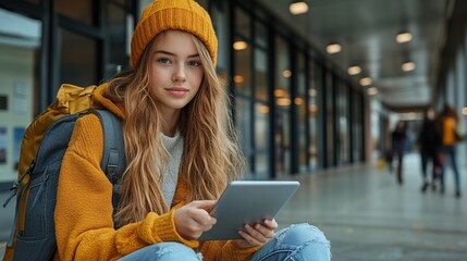 girl sitting in front of school building scrolling on tablet using social medi online bullying or cyberbullying for young schoolgirl
