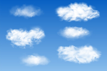 Fototapeta premium Realistic isolated cloud on transparent background. Vector set of realistic isolated fluffy cloud. Illustration of different types of cirrus and cumulus clouds. Vector.