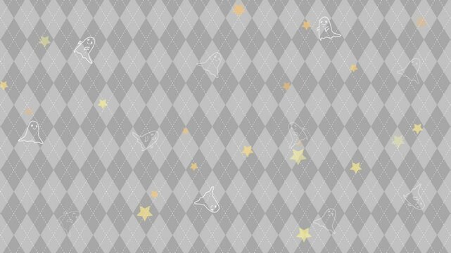 ゆらゆら動くゴーストと星のアーガイルチェックの背景,灰色