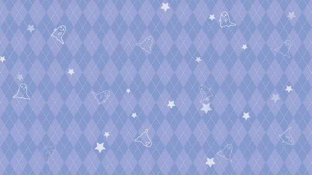 ゆらゆら動くゴーストと星のアーガイルチェックの背景,青