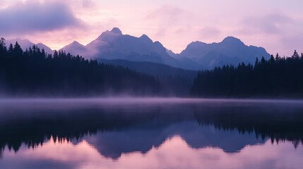 Sunrise in High Tatras mountains national park and Strbske pleso  (Strbske lake) mountain lake in Slovakia.