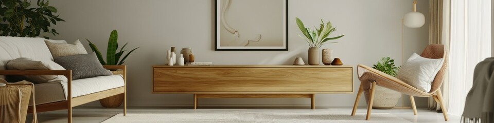 Modern Scandinavian living room with wooden commode, design elements, and personal accessories in a unique home decor setting.