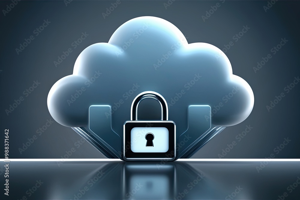 Poster modern visualization of cloud privacy solutions featuring a sleek cloud graphic and protective padlo