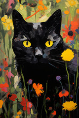 Portrait of a black cat with bright yellow eyes among colorful wild flowers in the garden, portrait of a cat in oil paints. Cover, background.