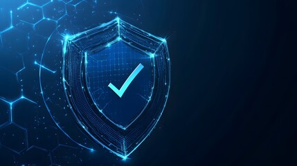 
Protection. Healthcare. Insurance. Cyber security. Network safety. Protection shield with Check mark icon inside transparent sphere shield with hexagon pattern on blue background. Vector illustration