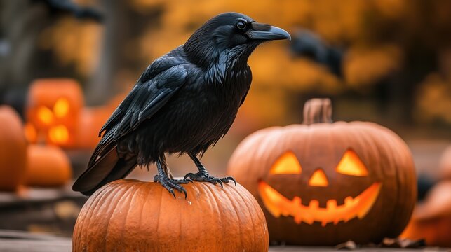 A black raven is perching alone with Halloween pumpkins