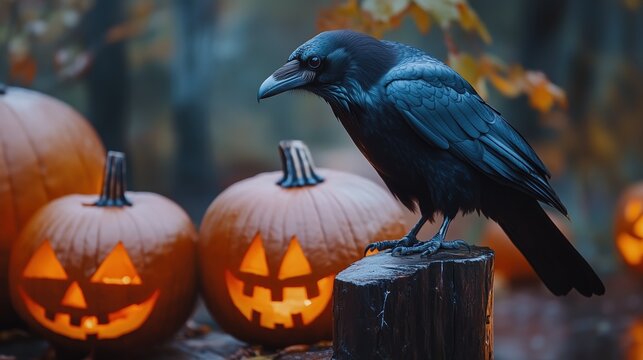 A black raven is perching alone with Halloween pumpkins