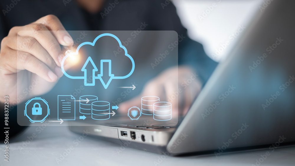 Poster a person is using a laptop with a blue screen that has a cloud and arrows on it