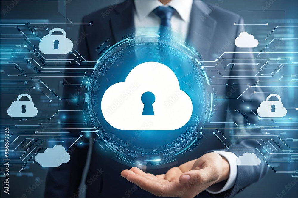 Poster stylish visualization of cloud network security featuring advanced cloud logo and protective padlock