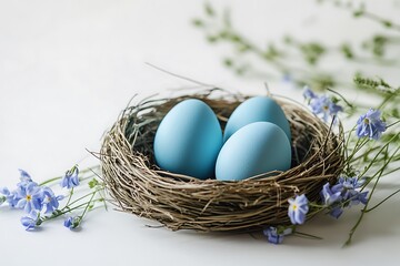 Obraz premium Easter blue eggs in a nest, isolated design element.