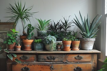 Indoor potted plants on top of dresser an old wooden chest of drawers