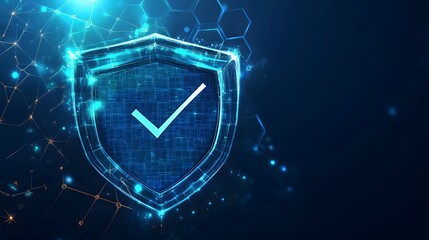 
Protection. Healthcare. Insurance. Cyber security. Network safety. Protection shield with Check mark icon inside transparent sphere shield with hexagon pattern on blue background. Vector illustration