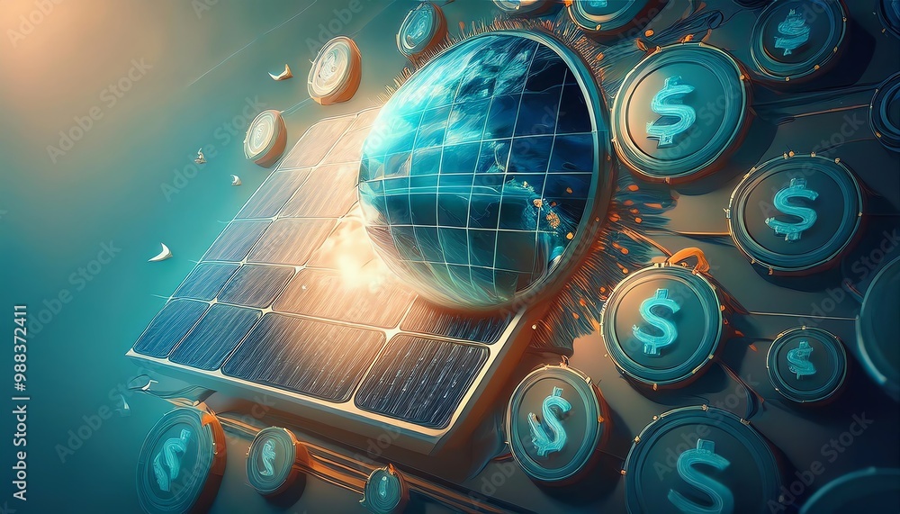 Poster a digital illustration of a globe surrounded by dollar symbols, representing the intersection of fin