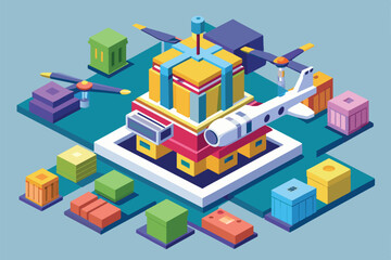 A vibrant drone delivery hub is depicted with a variety of colorful packages scattered around, showcasing innovative logistics at a modern location.