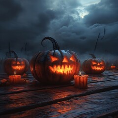 Candlelit Halloween pumpkins weathered wood casting eerie shadows under a dark cloudy sky