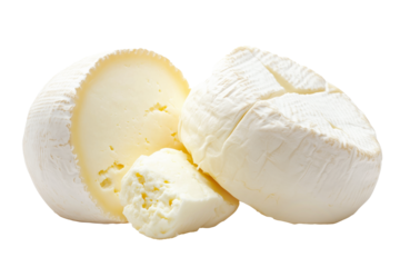 Soft cheese wheel with a wedge cut out. Brined curd isolated on white transparent background. Dairy product concept