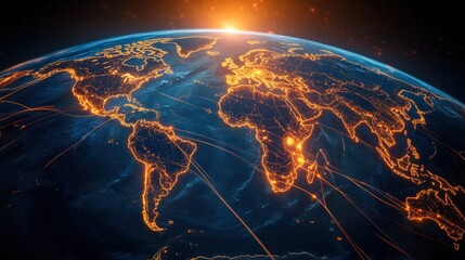 A globe with a bright orange sun in the background