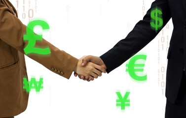 Two people in suit are shaking hand, symbolizing agreement and partnership, with numeric digits and various currency symbol scattered around.