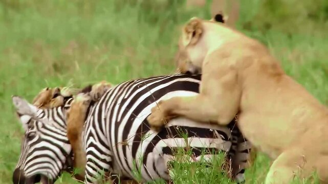 Epic Footage of Wild Lions Locks The Neck of Zebra Attack 4K