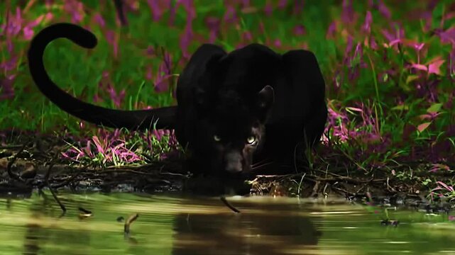 Rare Black Panther Caught Drinking Water 4K