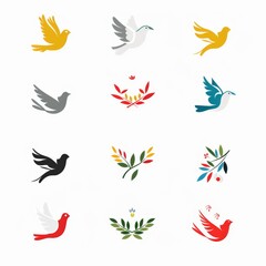 Fototapeta premium Peace dove graffiti, pigeons, twigs ink illustration. Flying birds silhouettes monochrome flat icons