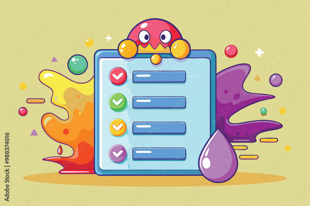 Poster A cheerful cartoon character interacts with a colorful dropdown menu covered in vibrant splashes, creating a lively and engaging design element.