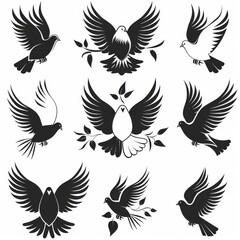 Obraz premium Peace dove graffiti, pigeons, twigs ink illustration. Flying birds silhouettes monochrome flat icons