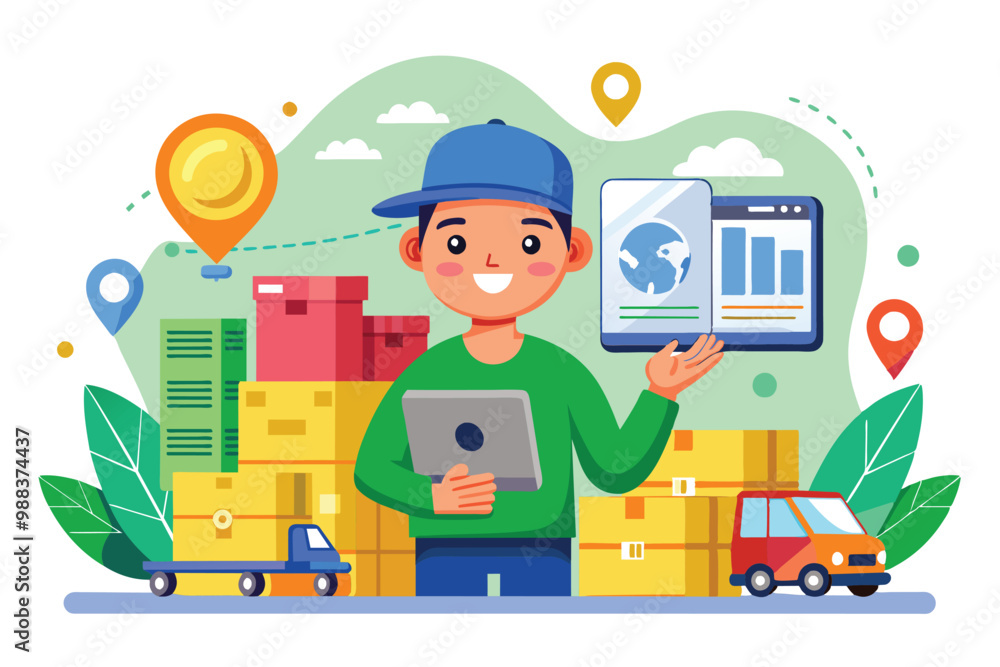 Poster a cheerful character holds a tablet displaying global statistics amidst colorful boxes and vehicles 