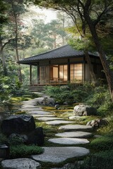 A serene tea house at the heart of a Japanese temple complex, surrounded by ancient stone pathways and lush greenery, evoking spiritual calm