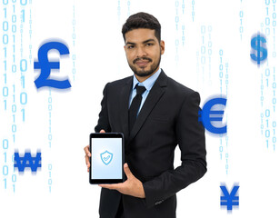 Professional businessman in suit holding tablet computer with shield symbol display on screen. Various blue currency symbols and coding displayed on white background.