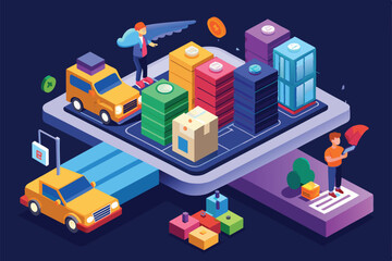 This illustration showcases a modern dropshipping model featuring diverse vehicles, storage units, and a digital interface in a vibrant urban environment.