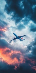 Naklejka premium A blue airplane is flying through a cloudy sky with a red and orange sunset in the background. Concept of freedom and adventure, as the airplane soars through the sky above the beautiful, colorful sky