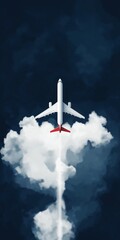 Fototapeta premium A white airplane is flying through a cloudy sky. Concept of freedom and adventure, as the airplane soars through the sky with the clouds trailing behind it. Scene is one of excitement and possibility