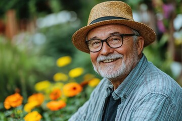 Fototapeta premium Smiling senior man in a garden full of vibrant flowers