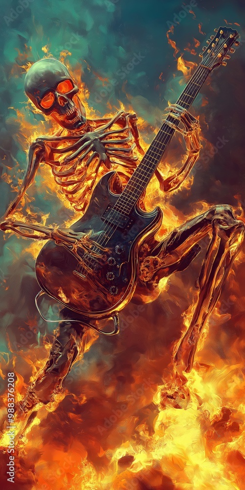 Poster a skeleton is playing a guitar in a fiery scene. concept of danger and excitement, as the skeleton i