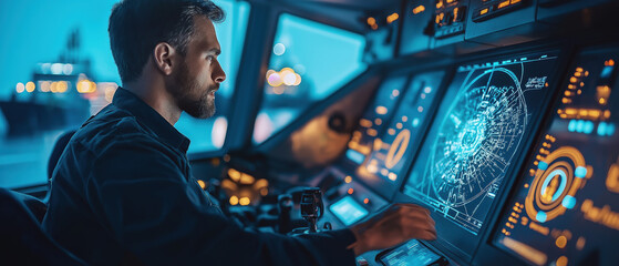A focused man operates advanced navigational technology in a modern control room, showcasing precision and expertise in marine navigation.