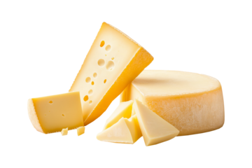 Italian semi-soft cow's milk cheese Fontina with characteristic holes isolated on a white background.