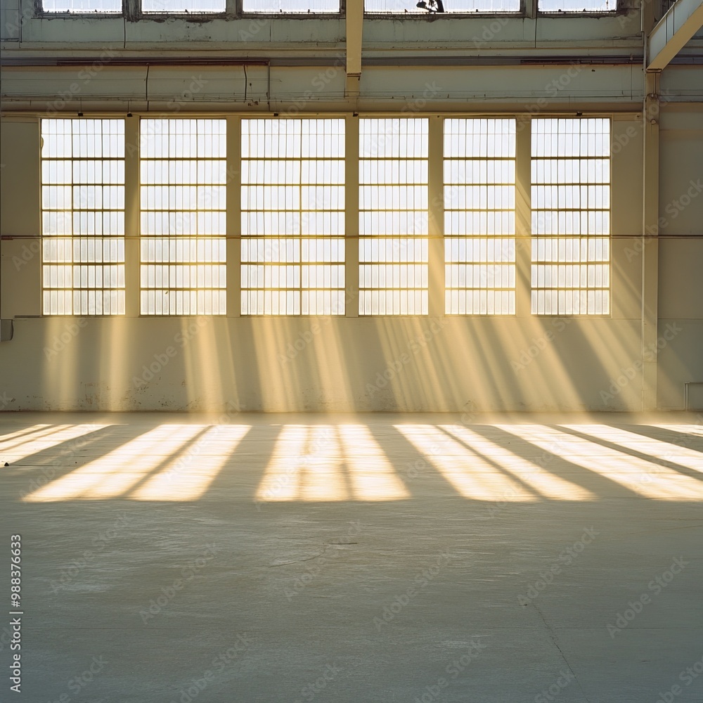 Poster Sunbeams stream through large windows in an empty industrial space.