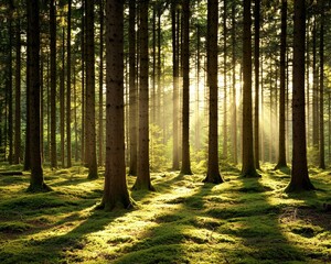 Obraz premium Sunlight streams through a dense forest, illuminating the mossy forest floor.