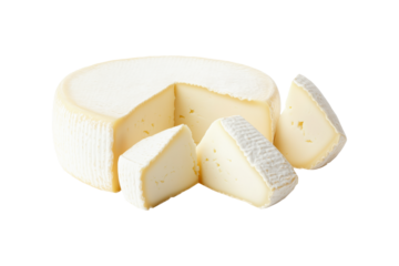 Goat cheese wheel isolated on a white transparent background. Concept of dairy products and cuisine