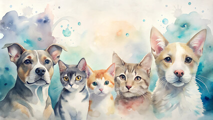 Whimsical Pets Background with Copy Space, Watercolor Illustration of Companionship and Love for Domestic Animals, Words about Pet Lovers and Furry Friends, with Copy Space
