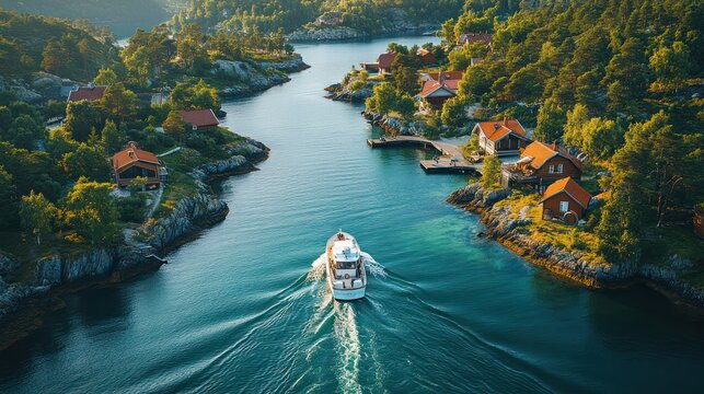 Sweden's serene archipelago in the Baltic Sea, with lush green islands, calm blue waters, motorboats, and picturesque summer houses