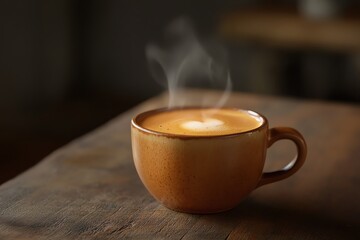 A warm cup of coffee with steam rising, resting on a wooden table, evoking a cozy and inviting atmosphere.