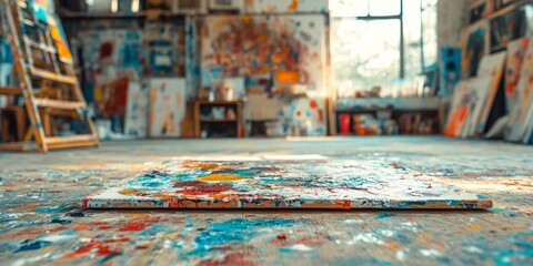 Artist's Studio Chaos, vibrant paint splatters on the floor, softly blurred creative clutter in the background, a glimpse into artistic expression