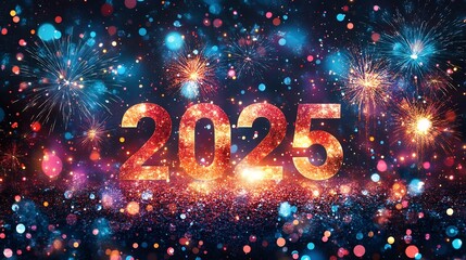 Cheerful 2025 Happy New Year background a holiday greeting card featuring a vector illustration of fireworks sparkling lights and a celebratory atmosphere