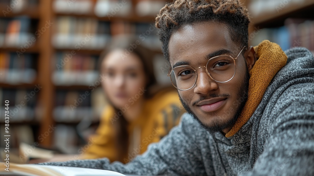 Aufkleber handsome university student in wheelchair studying in library with classmate preparing for final exam presentation study group teamwork skills