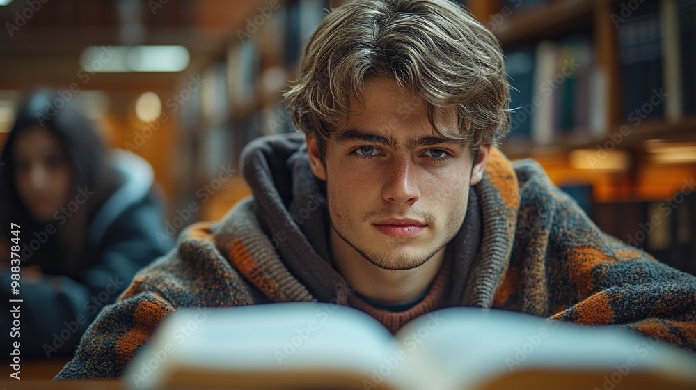 Aufkleber handsome university student in wheelchair studying in library with classmate preparing for final exa