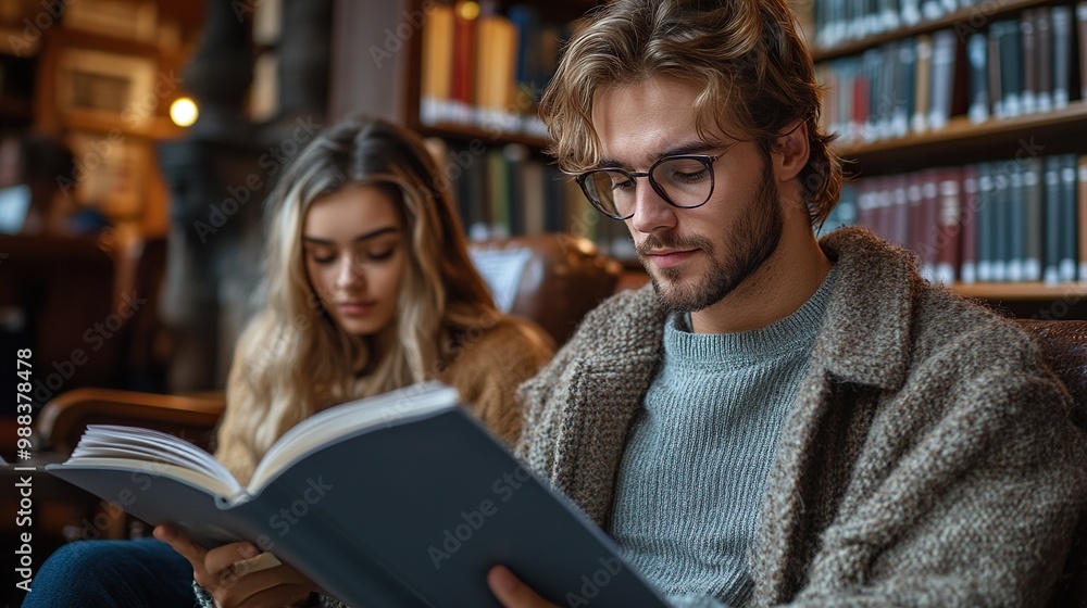 Poster handsome university student in wheelchair studying in library with classmate preparing for final exa