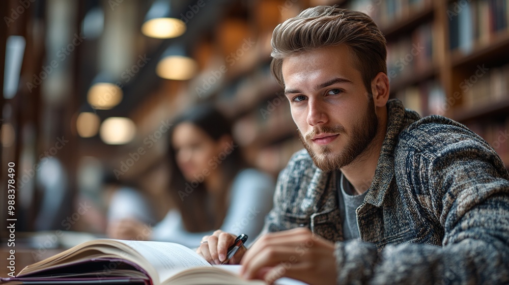 Poster handsome university student in wheelchair studying in library with classmate preparing for final exa